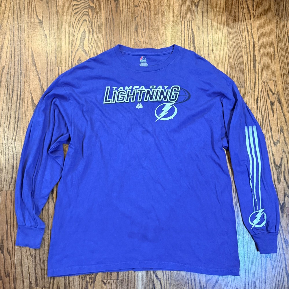 Vintage Majestic Tampa Bay Lightning NHL Long Sleeve Graphic T-Shirt‎ 2XL Blue